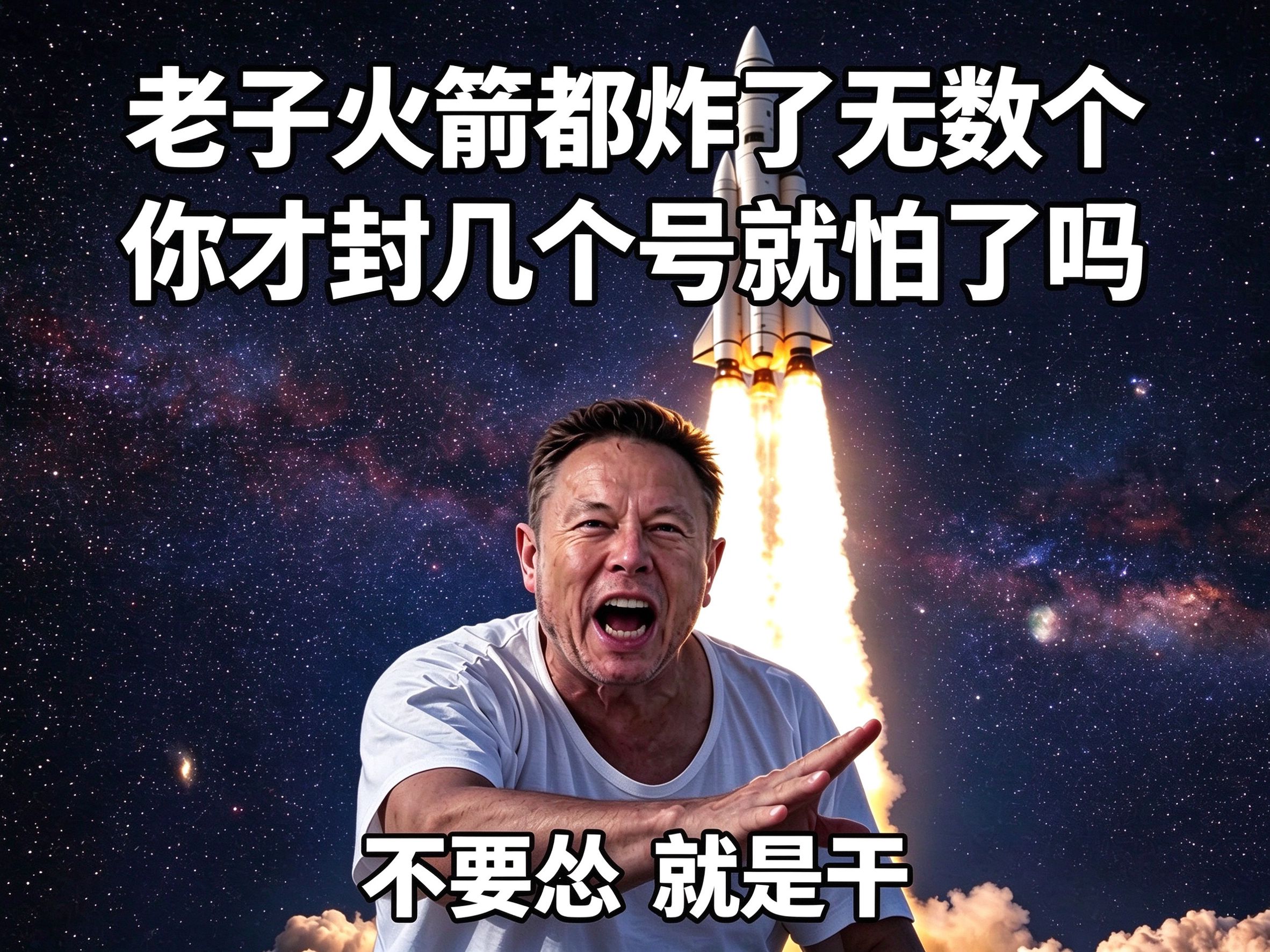 繁星太空背景下，火箭喷射火焰升空，一位男子表情激动地张着嘴，配文“老子火箭都炸了无数个 / 你封几个支付宝怕什么 / 不要怂 就是干”